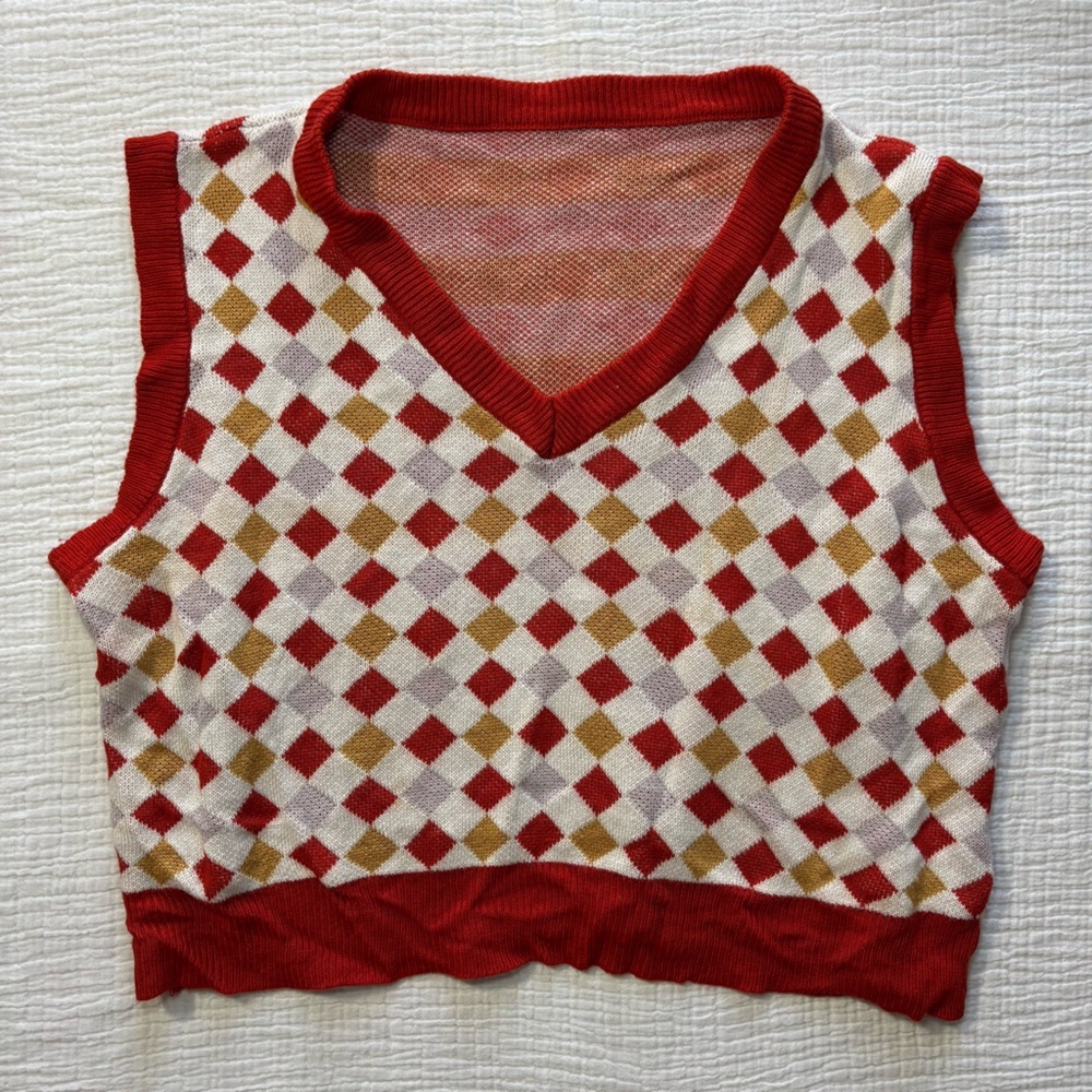 Red and Gold Argyle Knit Vest